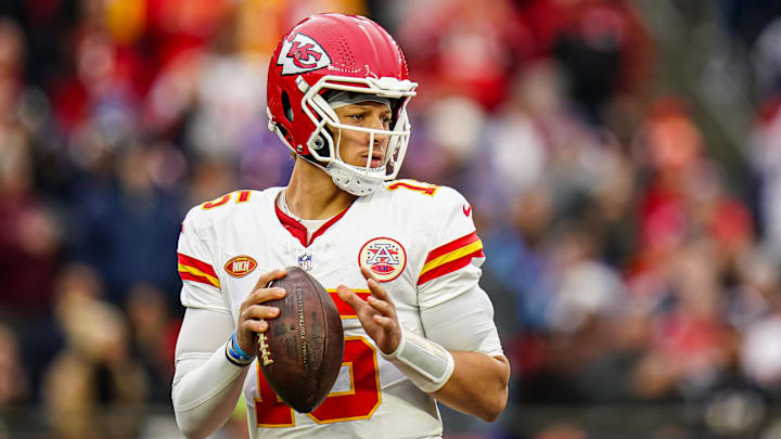 Dec 17, 2023; Foxborough, Massachusetts, USA; Kansas City Chiefs quarterback Patrick Mahomes (15) looks to pass the ball against the New England Patriots in the second half at Gillette Stadium. Mandatory Credit: David Butler II-Imagn Images Dec 17, 2023; Foxborough, Massachusetts, USA; Kansas City Chiefs quarterback Patrick Mahomes (15) looks to pass the ball against the New England Patriots in the second half at Gillette Stadium. Mandatory Credit: David Butler II-Imagn Images