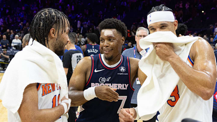 Feb 22, 2024; Philadelphia, Pennsylvania, USA; Villanova Wildcats alumni New York Knicks guard Jalen