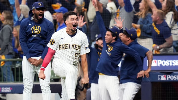 Milwaukee Brewers shortstop Willy Adames (27) reacts to Milwaukee Brewers right fielder Sal Frelick’s (10) homer (1) on a fly ball to right field during the seventh inning of Game 3 of National League wild-card series against the New York Mets on Thursday October 3, 2024 at American Family Field in Milwaukee, Wis. Milwaukee Brewers shortstop Willy Adames (27) reacts to Milwaukee Brewers right fielder Sal Frelick’s (10) homer (1) on a fly ball to right field during the seventh inning of Game 3 of National League wild-card series against the New York Mets on Thursday October 3, 2024 at American Family Field in Milwaukee, Wis.