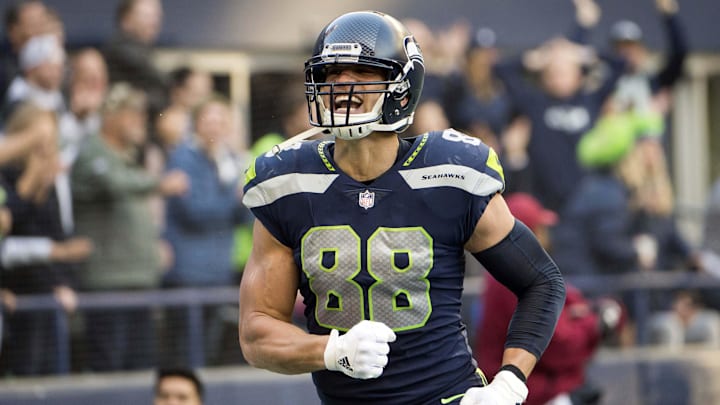 Oct 29, 2017; Seattle, WA, USA; Seattle Seahawks tight end Jimmy Graham (88) celebrates after catching a touchdown pass during the second half against the Houston Texans at CenturyLink Field. The Seahawks won 41-38.