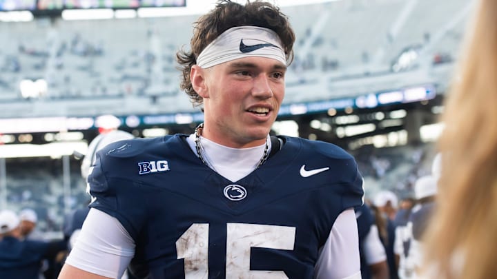 Penn State quarterback Drew Allar celebrates the Nittany Lions' win over Nevada. Penn State quarterback Drew Allar celebrates the Nittany Lions' win over Nevada.