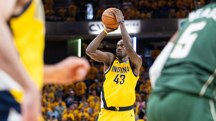 May 2, 2024; Indianapolis, Indiana, USA; Indiana Pacers forward Pascal Siakam (43) shoots the ball