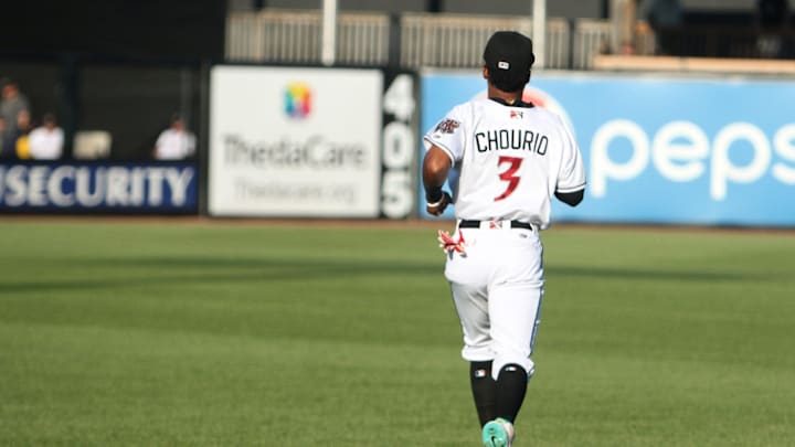Milwaukee Brewers prospect Jackson Chourio warms up prior to a game on July 26, 2022 with the