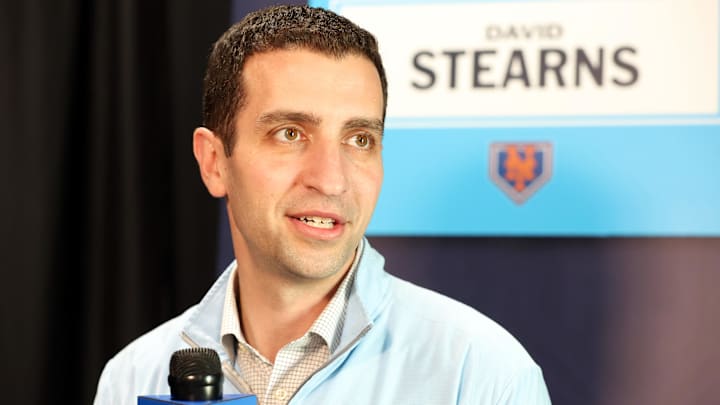 Feb 15, 2024; Tampa, FL, USA; New York Mets president of baseball operations David Stearns talks with media at George M. Steinbrenner Field. Mandatory Credit: Kim Klement Neitzel-USA TODAY Sports