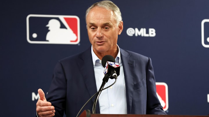 Feb 15, 2024; Tampa, FL, USA; MLB commissioner Rob Manfred talks with media at George M. Steinbrenner Field. Mandatory Credit: Kim Klement Neitzel-USA TODAY Sports