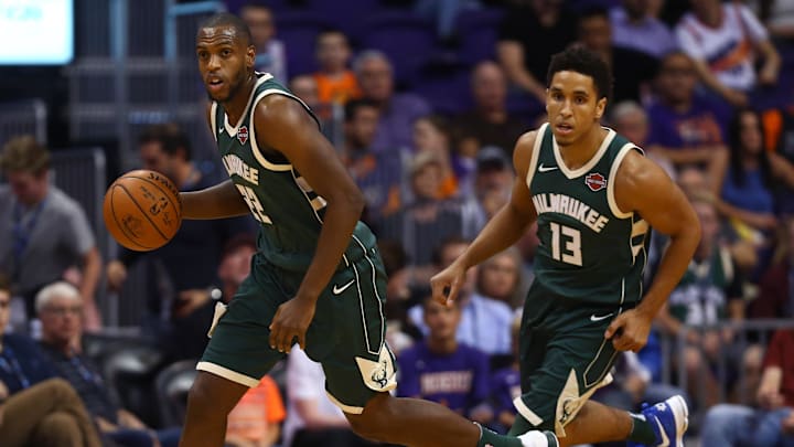 Nov 22, 2017; Phoenix, AZ, USA; Milwaukee Bucks forward Khris Middleton (22) and guard Malcolm Brogdon (13) against the Phoenix Suns at Talking Stick Resort Arena. Mandatory Credit: Mark J. Rebilas-Imagn Images