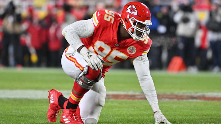 Dec 7, 2025; Kansas City, Missouri, USA; Kansas City Chiefs defensive tackle Chris Jones (95) lines up for the snap during the second quarter against the Houston Texans at GEHA Field at Arrowhead Stadium. Mandatory Credit: Amy Kontras-Imagn Images | Amy Kontras-Imagn Images
