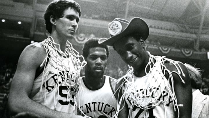 March 27, 1978; St. Louis, MO, USA; FILE PHOTO; Kentucky Wildcats center Rick Robey (53) guard James Lee (32) and Jack Givens (21) celebrate a victory over the Duke Blue Devils during the championship game for the 1978 NCAA men basketball tournament. Kentucky beat Duke 94-88. Mandatory Credit: Malcolm Emmons-Imagn Images March 27, 1978; St. Louis, MO, USA; FILE PHOTO; Kentucky Wildcats center Rick Robey (53) guard James Lee (32) and Jack Givens (21) celebrate a victory over the Duke Blue Devils during the championship game for the 1978 NCAA men basketball tournament. Kentucky beat Duke 94-88. Mandatory Credit: Malcolm Emmons-Imagn Images