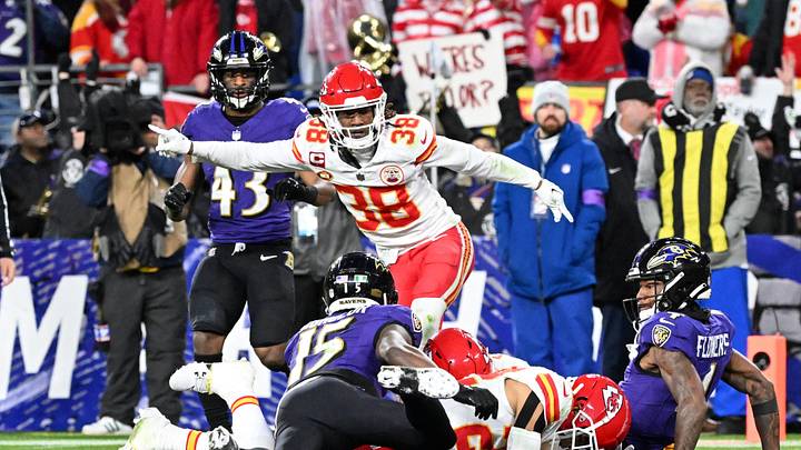 Jan 28, 2024; Baltimore, Maryland, USA; Kansas City Chiefs cornerback L'Jarius Sneed (38) celebrates as cornerback Trent McDuffie (22) recovers a fumble against Baltimore Ravens wide receiver Zay Flowers (4) and wide receiver Nelson Agholor (15) for a turnover during the second half in the AFC Championship football game at M&T Bank Stadium. Mandatory Credit: Tommy Gilligan-Imagn Images