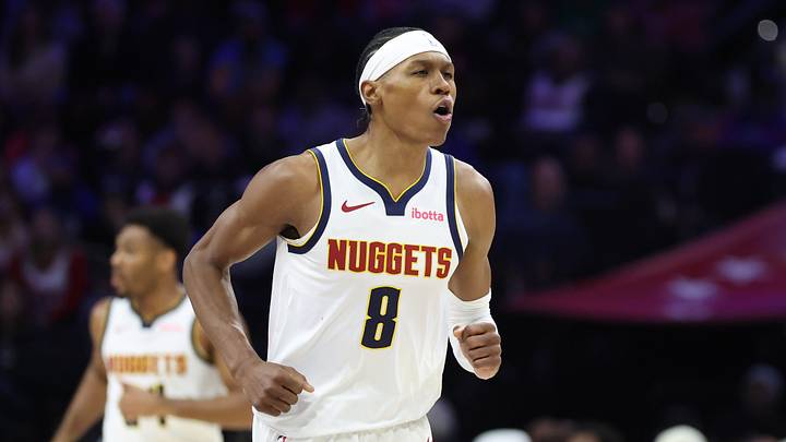 Jan 5, 2026; Philadelphia, Pennsylvania, USA; Denver Nuggets guard Peyton Watson (8) reacts to his score against the Philadelphia 76ers during the first quarter at Xfinity Mobile Arena. Mandatory Credit: Bill Streicher-Imagn Images Jan 5, 2026; Philadelphia, Pennsylvania, USA; Denver Nuggets guard Peyton Watson (8) reacts to his score against the Philadelphia 76ers during the first quarter at Xfinity Mobile Arena. Mandatory Credit: Bill Streicher-Imagn Images