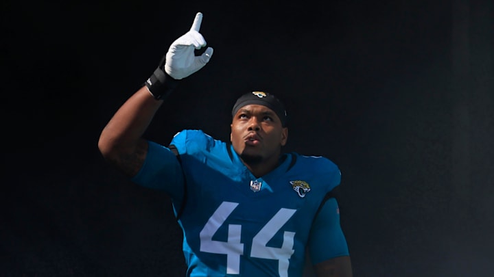 Jacksonville Jaguars defensive end Travon Walker (44) is introduced before an NFL football matchup Sunday, Oct. 27, 2024 at EverBank Stadium in Jacksonville, Fla. The Packers edged the Jaguars 30-27 on a last-second field goal.