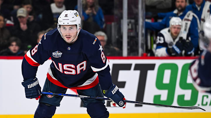 Feb 13, 2025; Montreal, Quebec, CAN; [Imagn Images direct customers only] Team USA defenseman Zach Werenski (8) looks on against Team Finland in the first period during a 4 Nations Face-Off ice hockey game at Bell Centre. Mandatory Credit: David Kirouac-Imagn Images