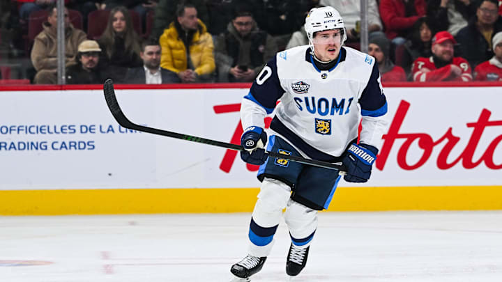 Feb 13, 2025; Montreal, Quebec, CAN; [Imagn Images direct customers only] Team Finland defenseman Henri Jokiharju (10) skates against Team USA in the third period during a 4 Nations Face-Off ice hockey game at Bell Centre. Mandatory Credit: David Kirouac-Imagn Images