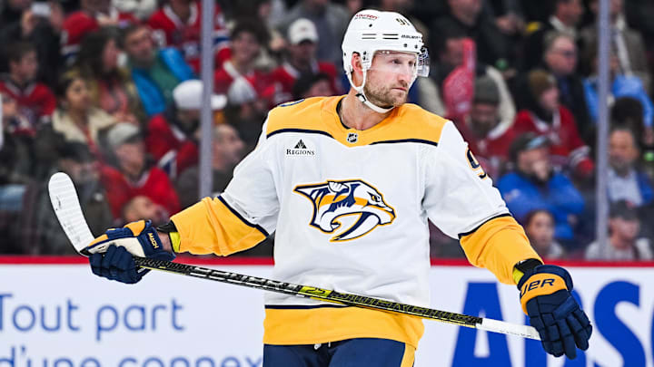 Oct 16, 2025; Montreal, Quebec, CAN; Nashville Predators center Steven Stamkos (91) looks on against the Montreal Canadiens during the second period at Bell Centre. Mandatory Credit: David Kirouac-Imagn Images Oct 16, 2025; Montreal, Quebec, CAN; Nashville Predators center Steven Stamkos (91) looks on against the Montreal Canadiens during the second period at Bell Centre. Mandatory Credit: David Kirouac-Imagn Images