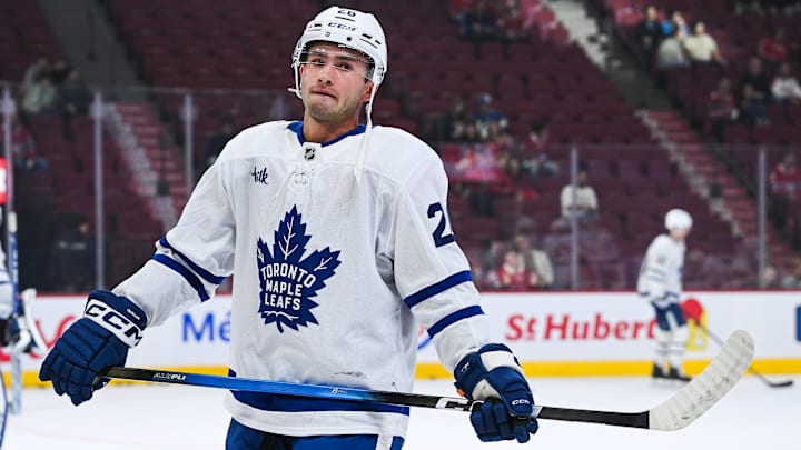 Sep 25, 2025; Montreal, Quebec, CAN; Toronto Maple Leafs forward Jacob Quillan (26) looks on during warm-up before the game against the Montreal Canadiens at Bell Centre. Mandatory Credit: David Kirouac-Imagn Images Sep 25, 2025; Montreal, Quebec, CAN; Toronto Maple Leafs forward Jacob Quillan (26) looks on during warm-up before the game against the Montreal Canadiens at Bell Centre. Mandatory Credit: David Kirouac-Imagn Images