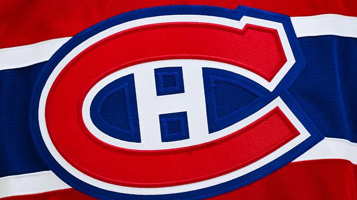 Apr 5, 2026; Montreal, Quebec, CAN; View of a Montreal Canadiens logo on a jersey worn by a member of the team during the second period at Bell Centre. Mandatory Credit: David Kirouac-Imagn Images