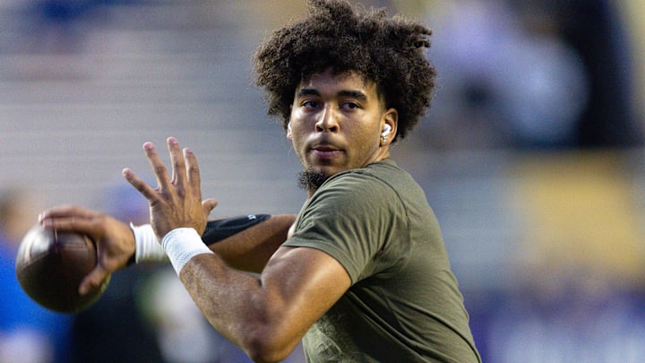 Nov 11, 2023; Baton Rouge, Louisiana, USA;  LSU Tigers quarterback Rickie Collins during pregame against the Florida Gators at Tiger Stadium. Mandatory Credit: Stephen Lew-Imagn Images