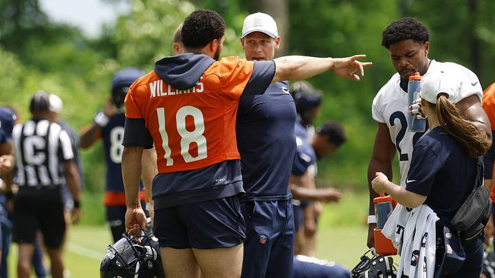 Bears QB Caleb Williams makes a point to coach Ben Johnson at minicamp last week. Bears QB Caleb Williams makes a point to coach Ben Johnson at minicamp last week.