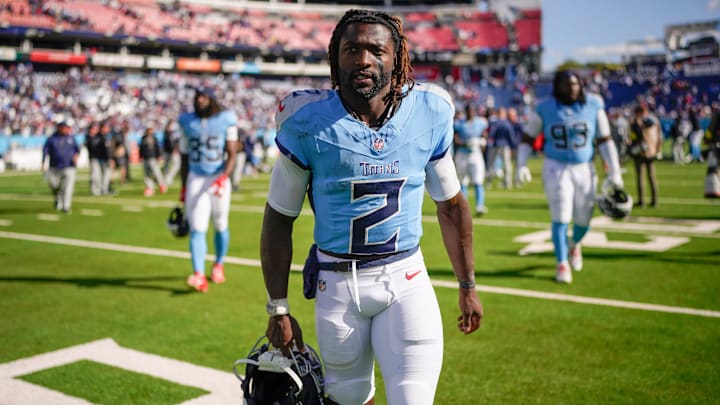Tennessee Titans running back Tyjae Spears (2) exits the field after the game against the New England Patriots at Nissan Stadium in Nashville, Tenn., Sunday, Oct. 19, 2025. Tennessee Titans running back Tyjae Spears (2) exits the field after the game against the New England Patriots at Nissan Stadium in Nashville, Tenn., Sunday, Oct. 19, 2025.