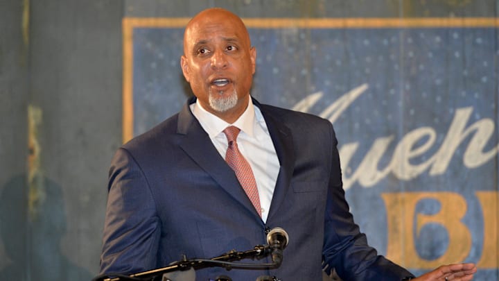 Jun 21, 2017; Kansas City, MO, USA; Major League Baseball Player Association executive director Tony Clark speaks during a presentation at the Negro Leagues Baseball Museum. Mandatory Credit: Denny Medley-Imagn Images