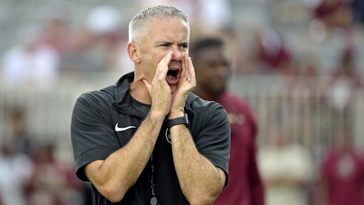 Sep 2, 2024; Tallahassee, Florida, USA; Florida State Seminoles head coach Mike Norvell before the game against the Boston College Eagles at Doak S. Campbell Stadium. Mandatory Credit: Melina Myers-Imagn Images