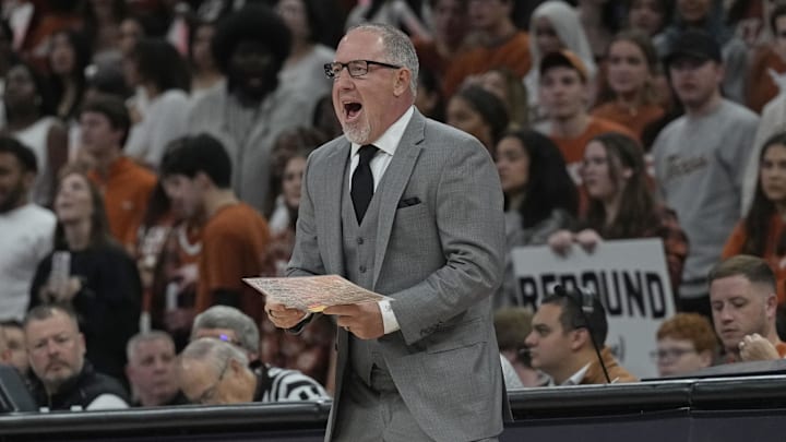 Jan 25, 2025; Austin, Texas, USA; Texas A&M Aggies head coach Buzz Williams yells out to players during the first half against the Texas Longhorns at Moody Center. Mandatory Credit: Scott Wachter-Imagn Images