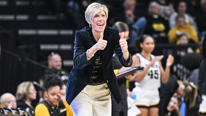 Dec 20, 2024; Iowa City, Iowa, USA; Iowa Hawkeyes head coach Jan Jensen reacts during the first quarter against the Northern Iowa Panthers at Carver-Hawkeye Arena. Mandatory Credit: Jeffrey Becker-Imagn Images