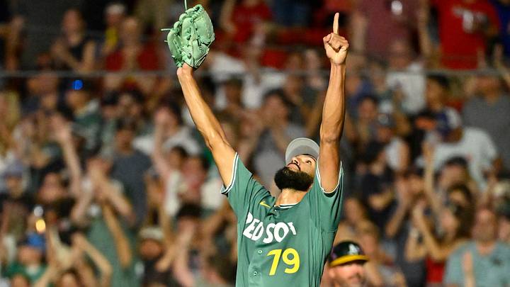 Aug 7, 2026; Boston, Massachusetts, USA; Boston Red Sox pitcher Raymond Burgos (79) reacts after throwing the final out to beat the Athletics at Fenway Park. Mandatory Credit: Eric Canha-Imagn Images