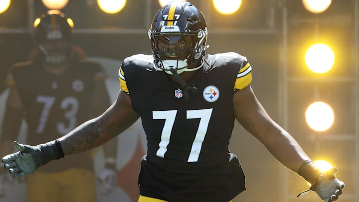 Sep 14, 2025; Pittsburgh, Pennsylvania, USA;  Pittsburgh Steelers offensive tackle Broderick Jones (77) reacts as he takes the field against the Seattle Seahawks at Acrisure Stadium. Mandatory Credit: Charles LeClaire-Imagn Images