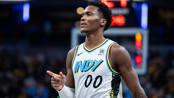 Dec 31, 2024; Indianapolis, Indiana, USA; Indiana Pacers guard Bennedict Mathurin (00) celebrates a made basket  in the second half against the Milwaukee Bucks at Gainbridge Fieldhouse. Mandatory Credit: Trevor Ruszkowski-Imagn Images