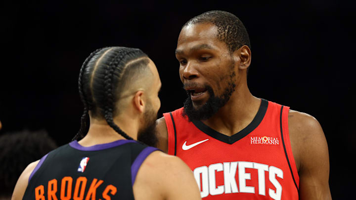 Apr 7, 2026; Phoenix, Arizona, USA; Houston Rockets forward Kevin Durant (7) argues with Phoenix Suns forward Dillon Brooks (3) in the first half at Mortgage Matchup Center. Mandatory Credit: Mark J. Rebilas-Imagn Images Apr 7, 2026; Phoenix, Arizona, USA; Houston Rockets forward Kevin Durant (7) argues with Phoenix Suns forward Dillon Brooks (3) in the first half at Mortgage Matchup Center. Mandatory Credit: Mark J. Rebilas-Imagn Images