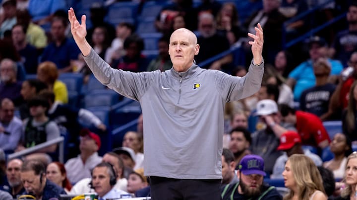 Nov 1, 2024; New Orleans, Louisiana, USA;  Indiana Pacers head coach Rick Carlisle reacts to  a play against the New Orleans Pelicans during the second half at Smoothie King Center. Mandatory Credit: Stephen Lew-Imagn Images