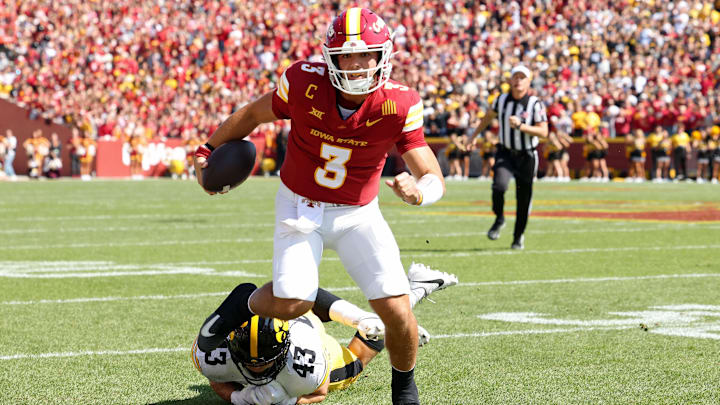 Sep 6, 2025; Ames, Iowa, USA; Iowa State Cyclones quarterback Rocco Becht (3) runs with the ball against the Iowa Hawkeyes during the first quarter at Jack Trice Stadium. Sep 6, 2025; Ames, Iowa, USA; Iowa State Cyclones quarterback Rocco Becht (3) runs with the ball against the Iowa Hawkeyes during the first quarter at Jack Trice Stadium.