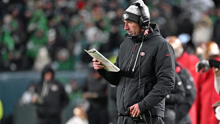Jan 11, 2026; Philadelphia, PA, USA; San Francisco 49ers head coach Kyle Shanahan against the Philadelphia Eagles in an NFC Wild Card Round game at Lincoln Financial Field. Mandatory Credit: Eric Hartline-Imagn Images