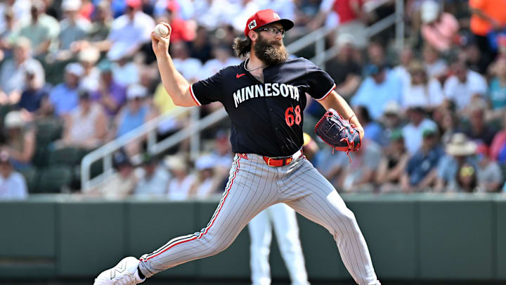 Minnesota Twins starting pitcher Randy Dobnak (68) throws a pitch in the first inning against the Atlanta Braves  during spring training at CoolToday Park in North Port, Fla., on March 4, 2025.