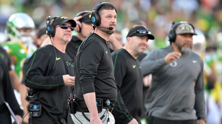 Jan 1, 2025; Pasadena, CA, USA;  Oregon Ducks head coach Dan Lanning looks on in the second quarter against the Ohio State Buckeyes in the 2025 Rose Bowl college football quarterfinal game at Rose Bowl Stadium. Mandatory Credit: Jayne Kamin-Oncea-Imagn Images
