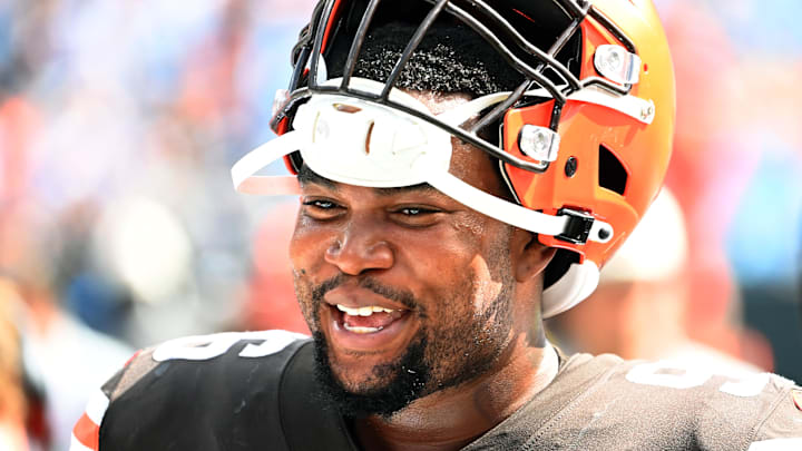Sep 11, 2022; Charlotte, North Carolina, USA;  Cleveland Browns defensive tackle Jordan Elliott (96) on the sidelines in the third quarter at Bank of America Stadium. Mandatory Credit: Bob Donnan-Imagn Images