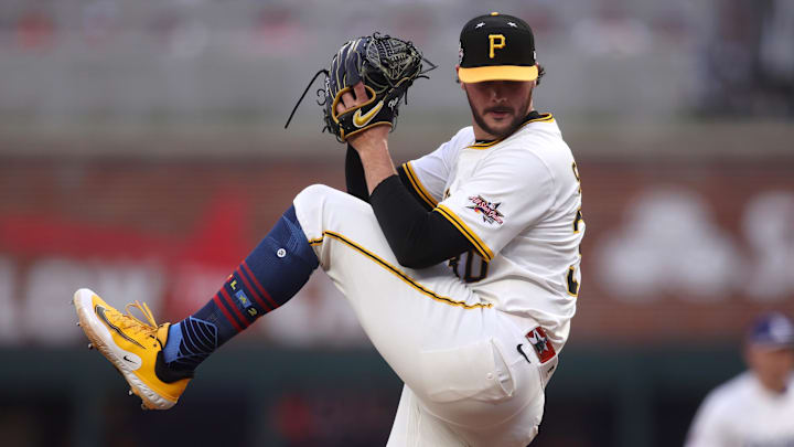Jul 15, 2025; Cumberland, Georgia, USA; National League pitcher Paul Skenes (30) of the Pittsburgh Pirates pitches in the first inning against the American League during the 2025 MLB All Star Game at Truist Park. Mandatory Credit: Brett Davis-Imagn Images