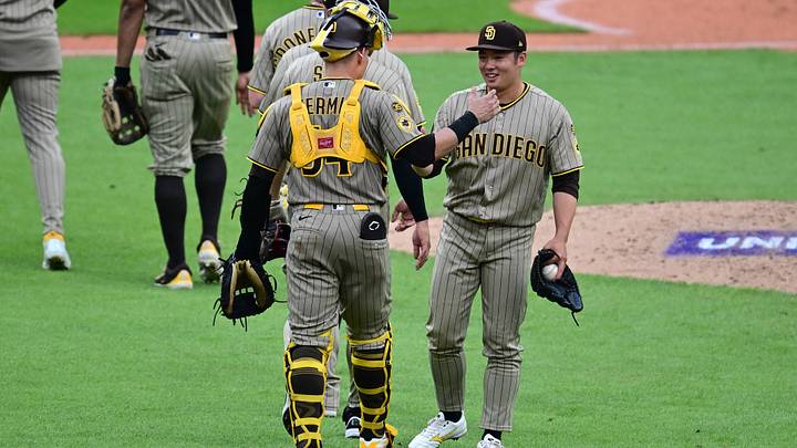 Aug 16, 2026; Cleveland, Ohio, USA; San Diego Padres pitcher Yuki Matsui (1) congratulates catcher Freddy Fermin (54) after the Padres defeated the San Diego Padres at Progressive Field. Mandatory Credit: David Dermer-Imagn Images Aug 16, 2026; Cleveland, Ohio, USA; San Diego Padres pitcher Yuki Matsui (1) congratulates catcher Freddy Fermin (54) after the Padres defeated the San Diego Padres at Progressive Field. Mandatory Credit: David Dermer-Imagn Images