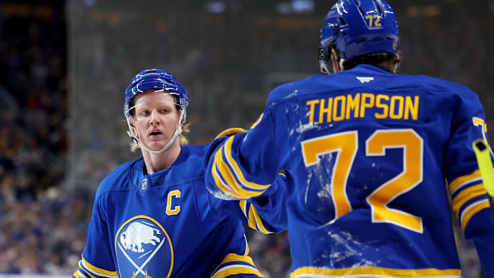 Jan 14, 2026; Buffalo, New York, USA;  Buffalo Sabres defenseman Rasmus Dahlin (26) celebrates his second goal of the game with center Tage Thompson (72) during the second period against the Philadelphia Flyers at KeyBank Center. Mandatory Credit: Timothy T. Ludwig-Imagn Images