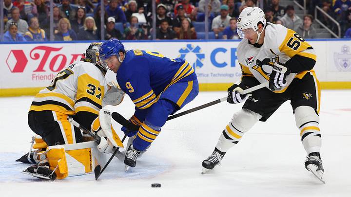 Pittsburgh Penguins defenseman Kris Letang (58) knocks the puck off the stick of Buffalo Sabres center Josh Norris (9) during the second period at KeyBank Center. Mandatory Credit: Timothy T. Ludwig-Imagn Images Pittsburgh Penguins defenseman Kris Letang (58) knocks the puck off the stick of Buffalo Sabres center Josh Norris (9) during the second period at KeyBank Center. Mandatory Credit: Timothy T. Ludwig-Imagn Images