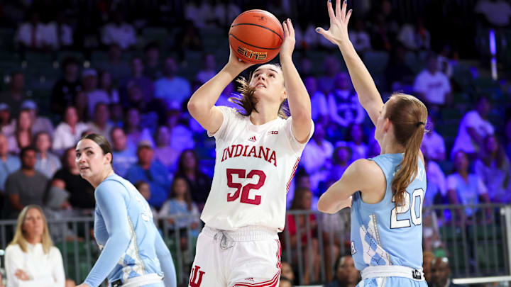Indiana Hoosiers forward Lilly Meister (52) shoots over North Carolina Tar Heels guard Lexi Donarski (20) during the first half at the Atlantis Resort. Indiana Hoosiers forward Lilly Meister (52) shoots over North Carolina Tar Heels guard Lexi Donarski (20) during the first half at the Atlantis Resort.