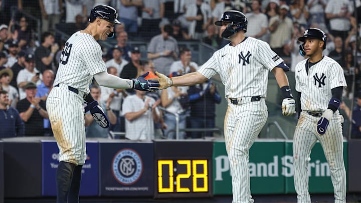 May 2, 2025; Bronx, New York, USA; New York Yankees first baseman Paul Goldschmidt (48) celebrates his three run home run during the fifth inning with right fielder Aaron Judge (99) against the Tampa Bay Rays at Yankee Stadium. Mandatory Credit: Vincent Carchietta-Imagn Images May 2, 2025; Bronx, New York, USA; New York Yankees first baseman Paul Goldschmidt (48) celebrates his three run home run during the fifth inning with right fielder Aaron Judge (99) against the Tampa Bay Rays at Yankee Stadium. Mandatory Credit: Vincent Carchietta-Imagn Images