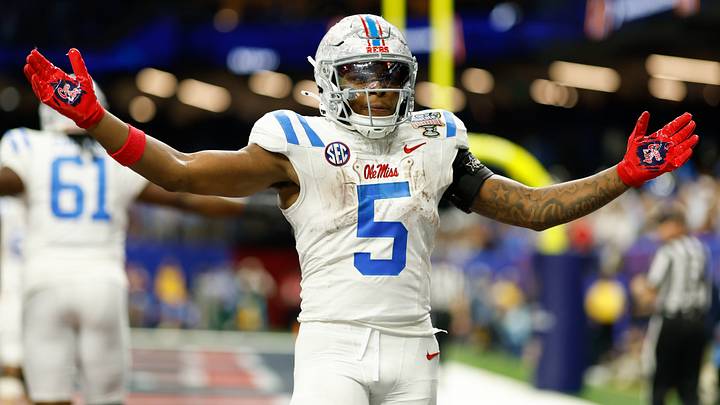 Jan 1, 2026; New Orleans, LA, USA; Mississippi Rebels running back Kewan Lacy (5) celebrates after scoring a touchdown against the Georgia Bulldogs in the third quarter during the 2026 Sugar Bowl and quarterfinal game of the College Football Playoff at Caesars Superdome. Mandatory Credit: Geoff Burke-Imagn Images Jan 1, 2026; New Orleans, LA, USA; Mississippi Rebels running back Kewan Lacy (5) celebrates after scoring a touchdown against the Georgia Bulldogs in the third quarter during the 2026 Sugar Bowl and quarterfinal game of the College Football Playoff at Caesars Superdome. Mandatory Credit: Geoff Burke-Imagn Images