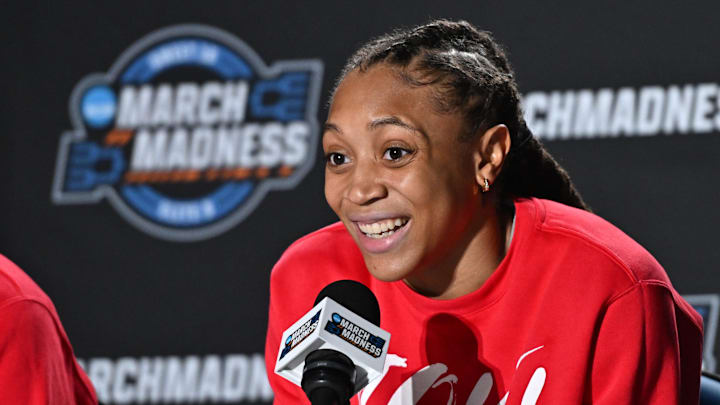 Mar 27, 2025; Spokane, WA, USA; Ole Miss Rebels guard Madison Scott (24) talks with media during an NCAA Tournament practice session at Spokane Arena. Mandatory Credit: James Snook-Imagn Images