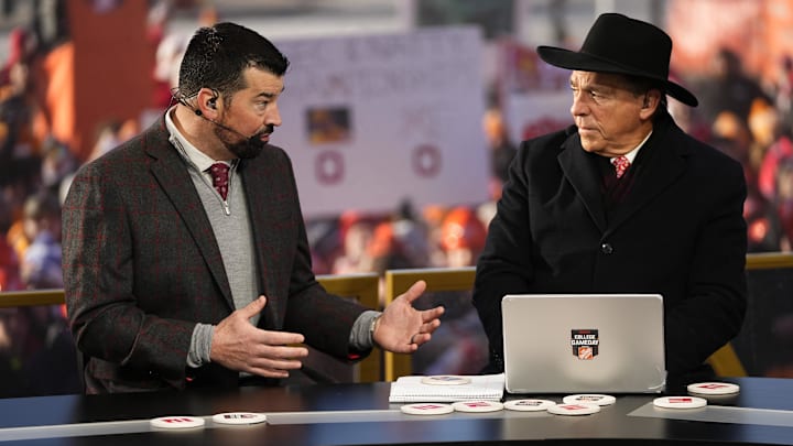 Dec 21, 2024; Columbus, Ohio, USA; Ohio State head coach Ryan Day talks to Nick Saban on the set of ESPN College GameDay prior to the College Football Playoff first round game between the Ohio State Buckeyes and Tennessee Volunteers in Columbus at Ohio Stadium. Mandatory Credit: Adam Cairns-Imagn Images via the USA Today Network