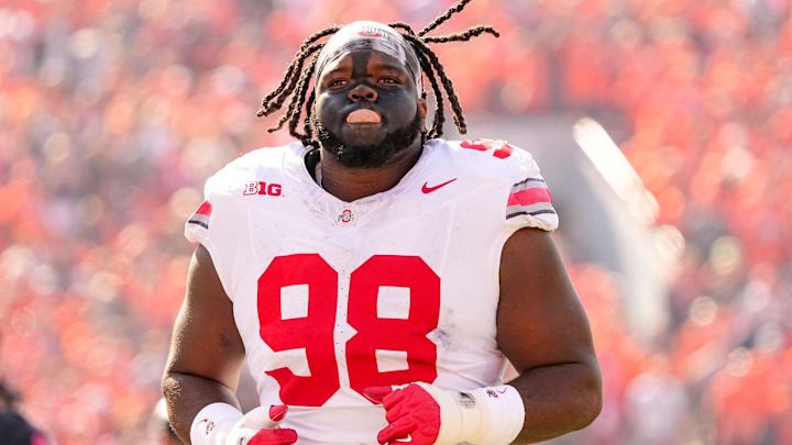 Ohio State Buckeyes defensive lineman Kayden McDonald (98) takes the field for the NCAA football game against the Illinois Fighting Illini at Gies Memorial Stadium in Champaign on Oct. 11, 2025.