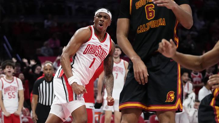 Ohio State Buckeyes forward Amare Bynum (1) reacts after a dunk during the second half of the NCAA men's basketball game against the USC Trojans at the Schottenstein Center on Feb. 11, 2026. Ohio State won 89-82. Ohio State Buckeyes forward Amare Bynum (1) reacts after a dunk during the second half of the NCAA men's basketball game against the USC Trojans at the Schottenstein Center on Feb. 11, 2026. Ohio State won 89-82.