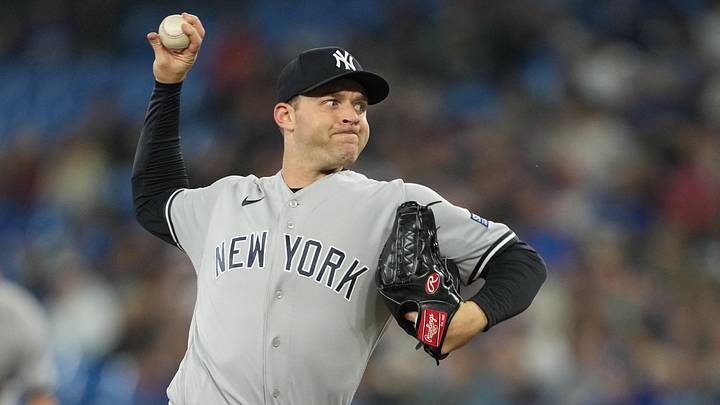 Sep 26, 2023; Toronto, Ontario, CAN; New York Yankees starting pitcher Michael King (34) throws a pitch against the Toronto Blue Jays during the first inning at Rogers Centre. Mandatory Credit: Nick Turchiaro-USA TODAY Sports