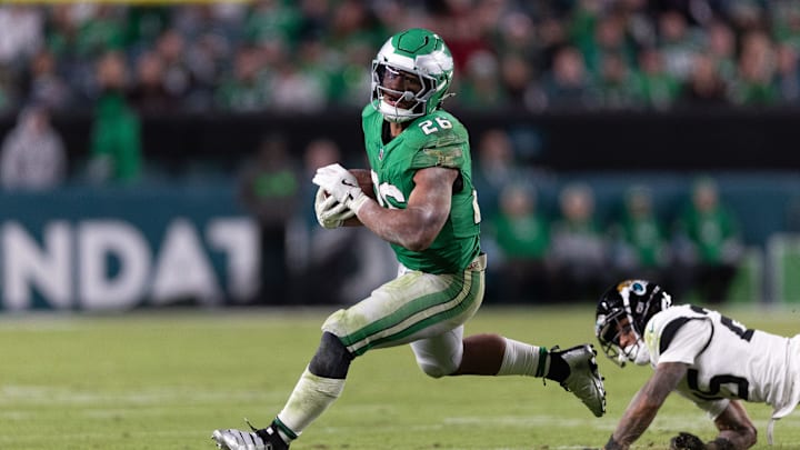 Nov 3, 2024; Philadelphia, Pennsylvania, USA; Philadelphia Eagles running back Saquon Barkley (26) runs with the ball against the Jacksonville Jaguars at Lincoln Financial Field. Mandatory Credit: Bill Streicher-Imagn Images